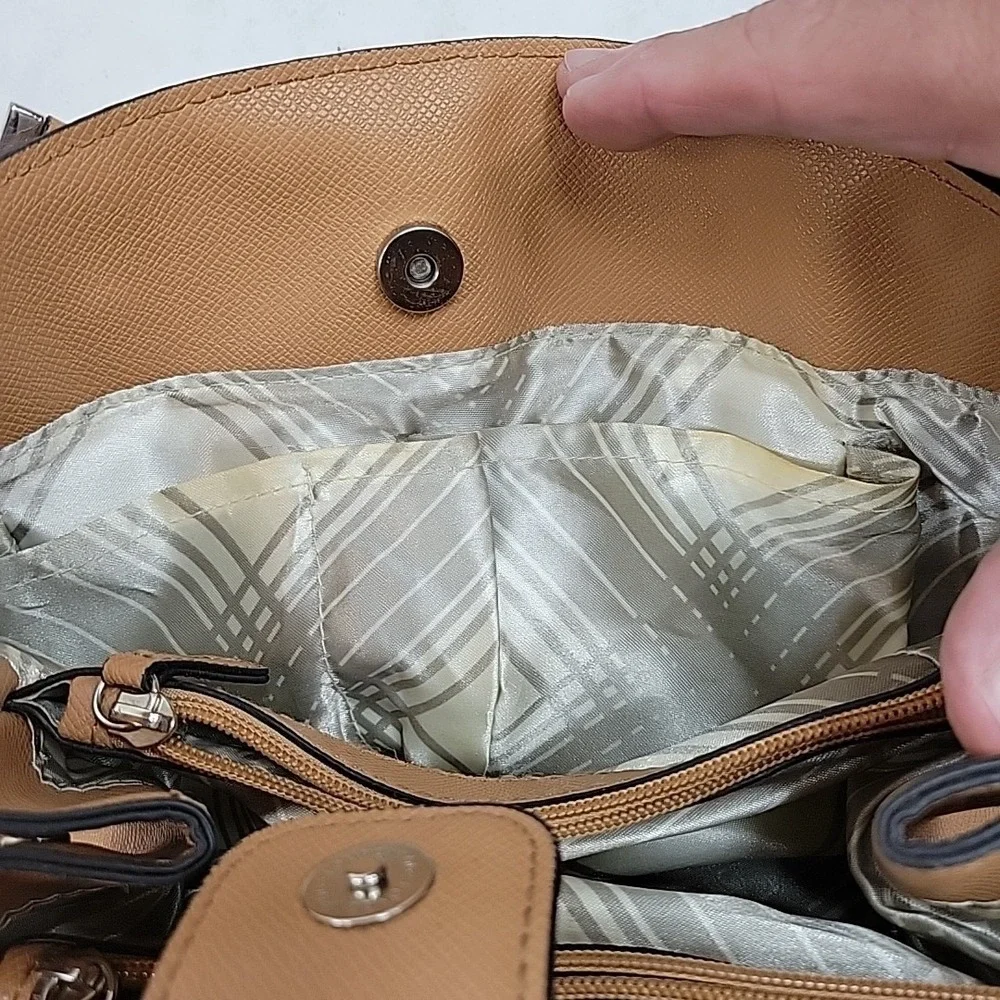 London Fog Beige Satchel Handbag Womens Faux Leather Structured Tote Purse
